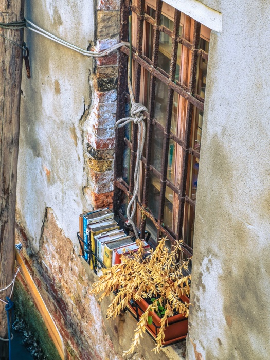 Books of the Libreria Acqua Alta bookshop in Venice Italy. Such a unique place, even the window sill has books stored on it.