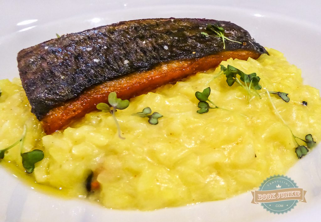 Bonito fish with lime and mussel risotto served at the Open restaurant at the Inspira Santa Marta Lisbon Portugal