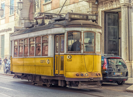 Tram 28 that takes you around the historical centre of Lisbon in Portugal