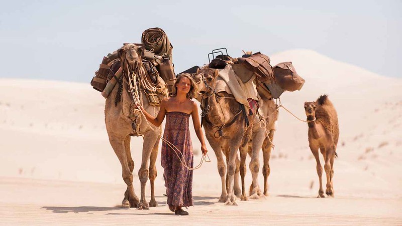 Robyn Davidson and her camels walking through the Australian Desert from Alice Springs