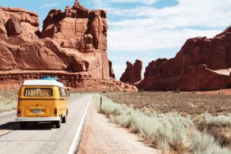 Road trip in a camper around the mountains