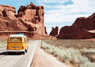 Road trip in a camper around the mountains