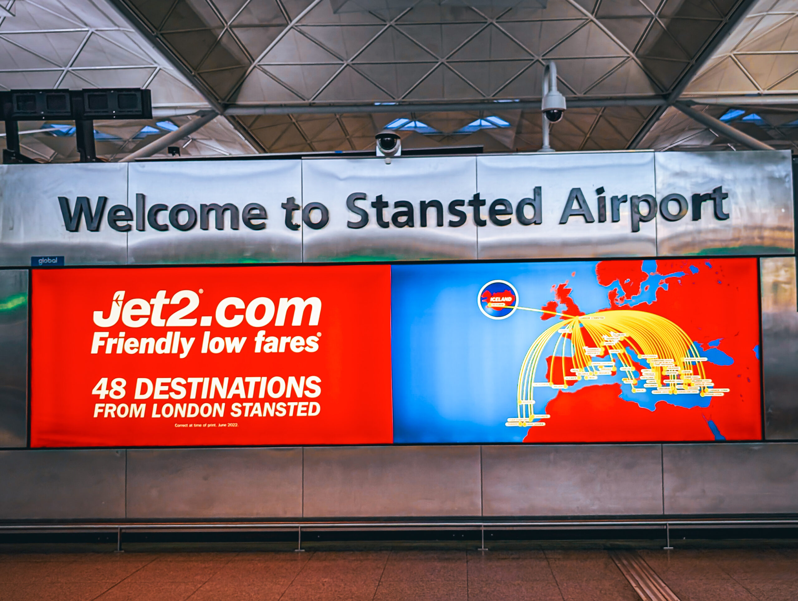 The signs promoting Jet2 holidays at Stansted Airport 